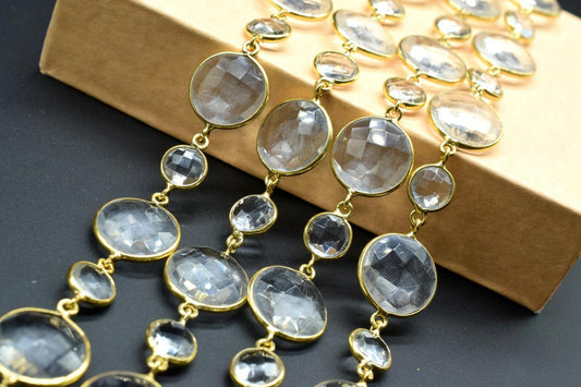 Crystal Bezel Chain I Handmade Bezel Link Chain I Clear Quartz Gold Plated Bezel Chain IBrass Chain,Gemstone Connector Chain Per Foot