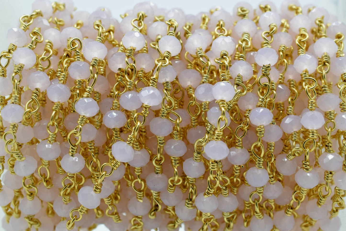 Rose Quartz 3mm Beaded Chain,Pink chalcedony Wire Wrapped Chain,Rose quartz Brass chains,Jewelry Making Chain,Rose Quartz Beads rosary chain