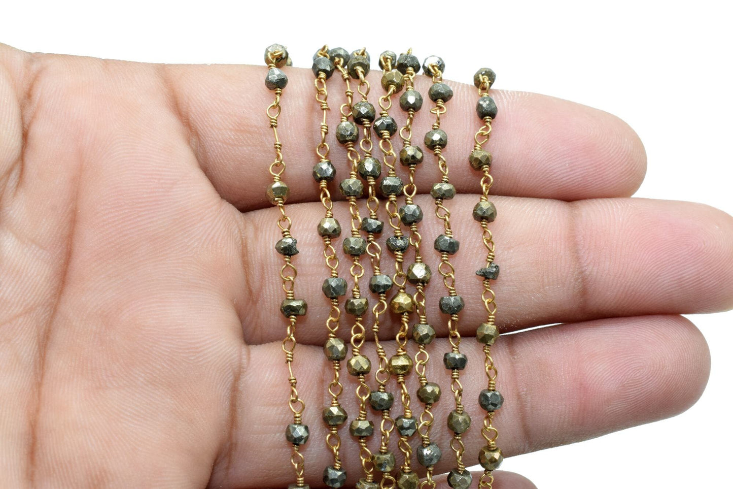Natural Pyrite 3mm Beaded Chain,Pyrite Wire Wrapped Chain,Pyrite Brass chain,Pyrite Jewelry Making Chain,Pyrite Beads rosary chain, Pyrite