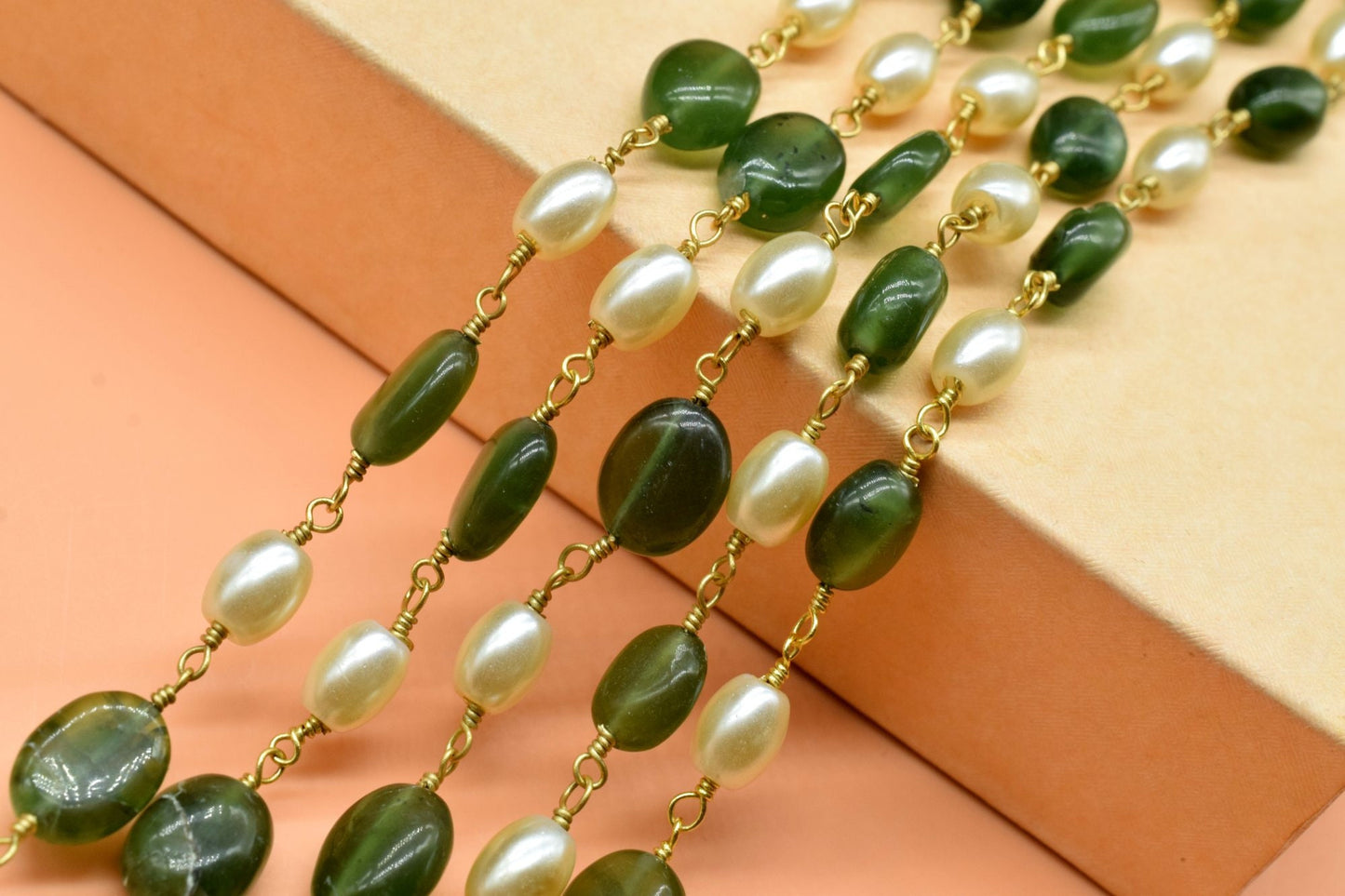 Green Strawberry and Pearl Rosary Chain,Beads Necklace Wire Wrap Rosary,Jewelry Making Beaded Chain By Foot,18K Gold Plated Oval Shape Beads