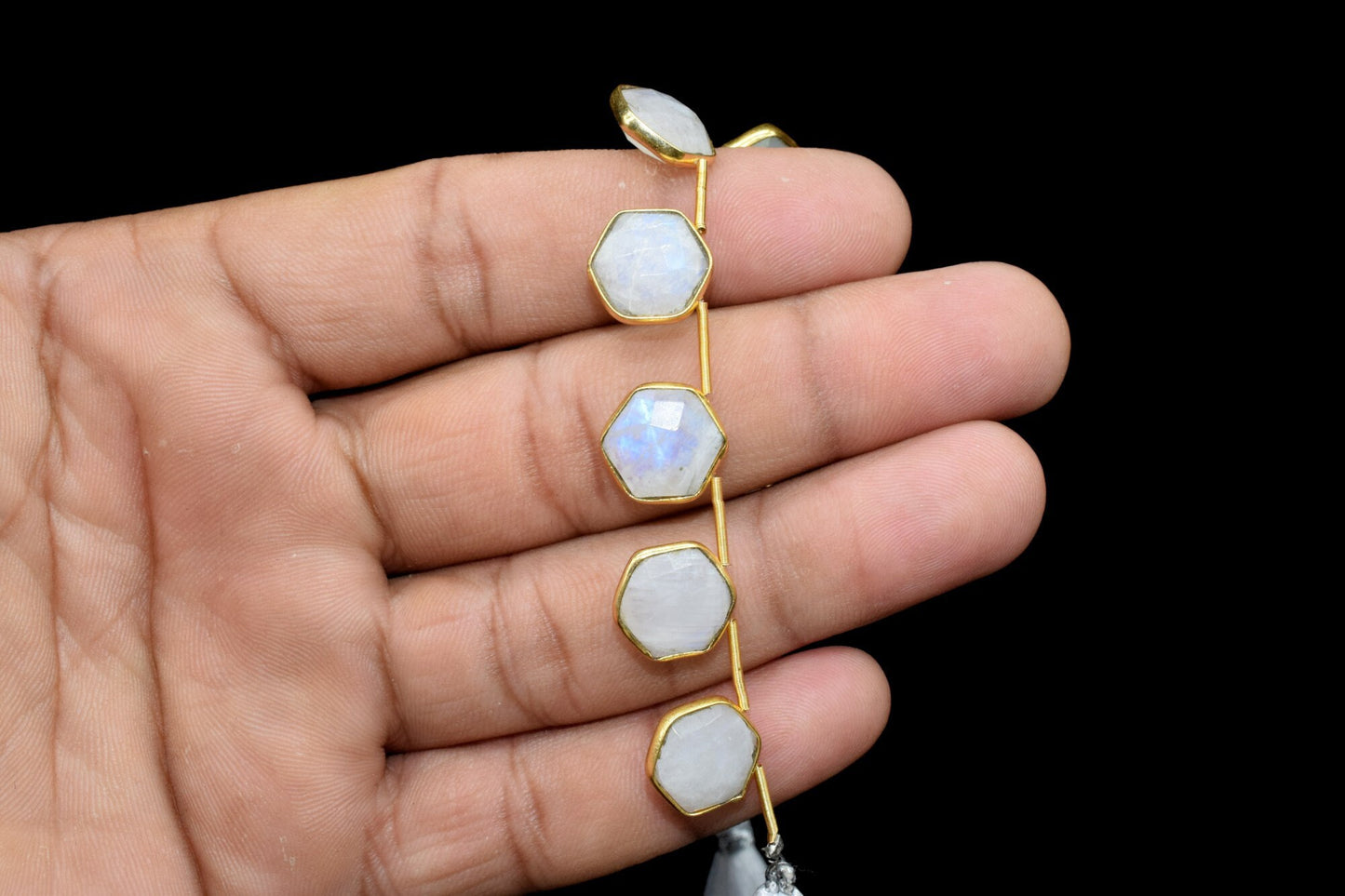 Rainbow Moonstone 10mm Faceted Hexagon Shape Single Bail Connector strand,Moonstone Brass connectors,Moonstone Hexagon Pendant,
