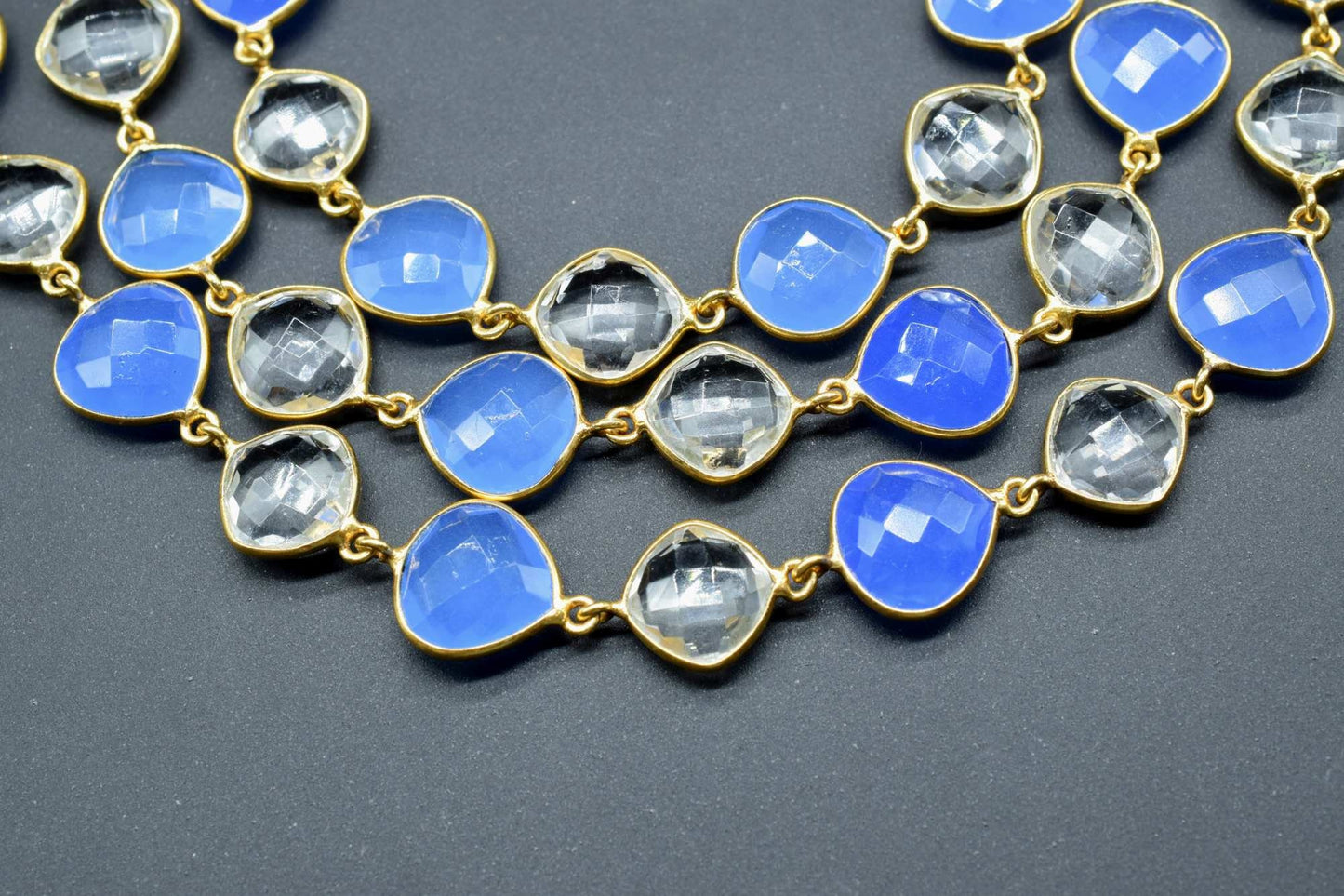 Blue chalcedony & Crystal Bezel Chain I Handmade Bezel Link Chain I Chalcedony Gold Plated Bezel Chain,,Gemstone Connector Chain Per Foot