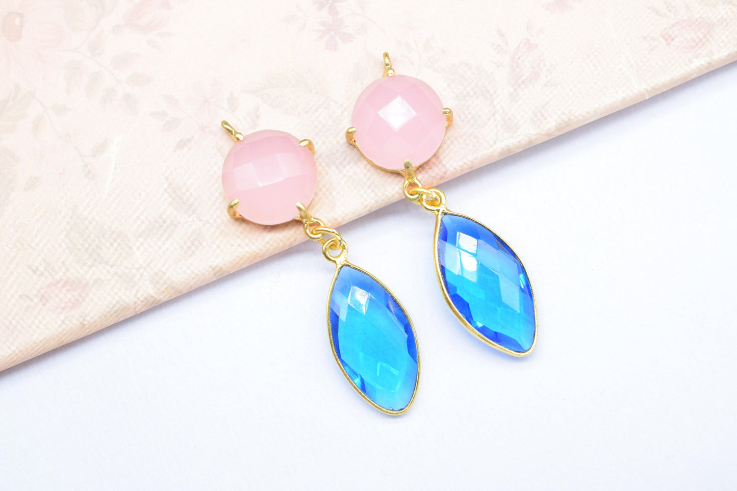 Rose Quartz Prong Bezel Charms Connector/Handmade Jewelry/Blue Topaz Jewellery/Earring Connector/Station Bezel Link Pendant/Women Jewelry