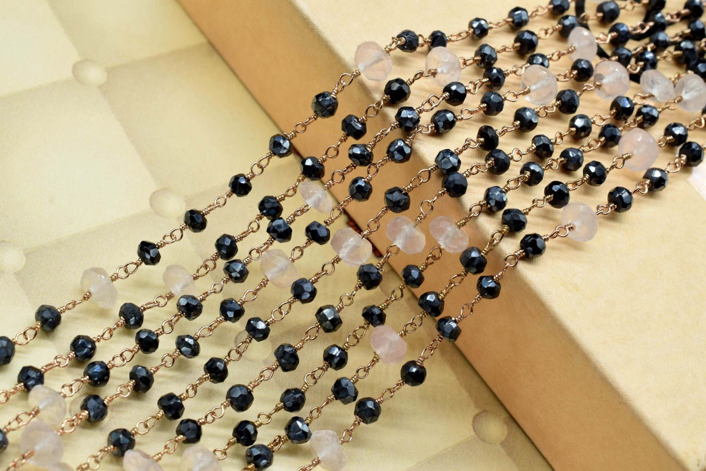 4 mm Black onyx  Rosary Chain,rose quartz Faceted Beaded Chain,Wire Wrapped gold Plated Chain,bigger size beaded ,rosary ,dual gemstone,boho
