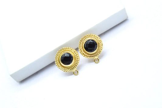 Black Onyx Gemstone Earring/Black Onyx Round Earring/Designer Bezel Earring/Gold Plated Jewelry/Handmade Jewelry/Earring Connector/Gift