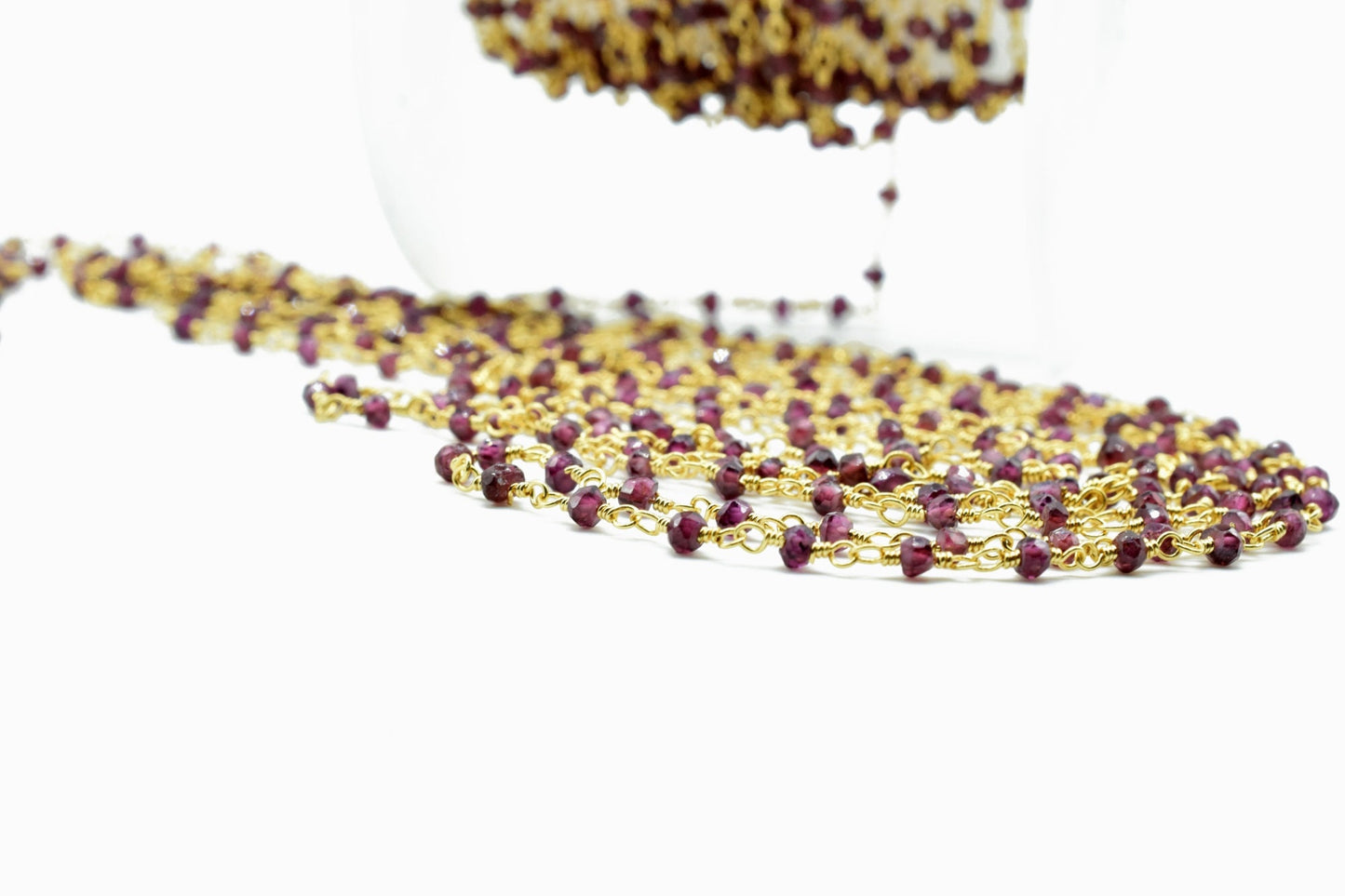 Garnet 3mm Beaded Chain,Garnet Rosary Chains,Garnet Gold Plating Wire Wrap Chain,Garnet Brass chain,Jewelry Making Chain,Garnet Rosary chain