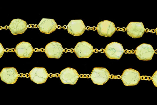 Yellow Howlite Gemstone 11x13mm Hexagon Shape Chain,Yellow Howlite Connector Chain,Handmade Station Connector,Yellow Gemstone Hexagon Beads