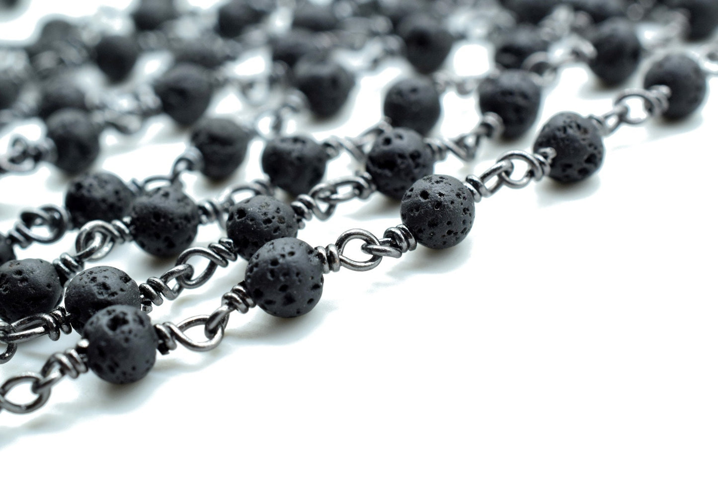 Black Lava Rock 4mm Round Beaded Wire Wrapped Black Polished Plated Chain -Beaded Chain,Black Lava Rosary Chain,Delicate Rosary Beaded Chain
