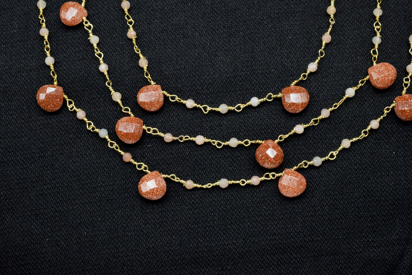 Peach Moonstone Beads Rosary,Silver Plated,Wire Wrapped link Stone Rosary,Heart Shape Briolette Chain, New Style Rosary,sunstone rosary,