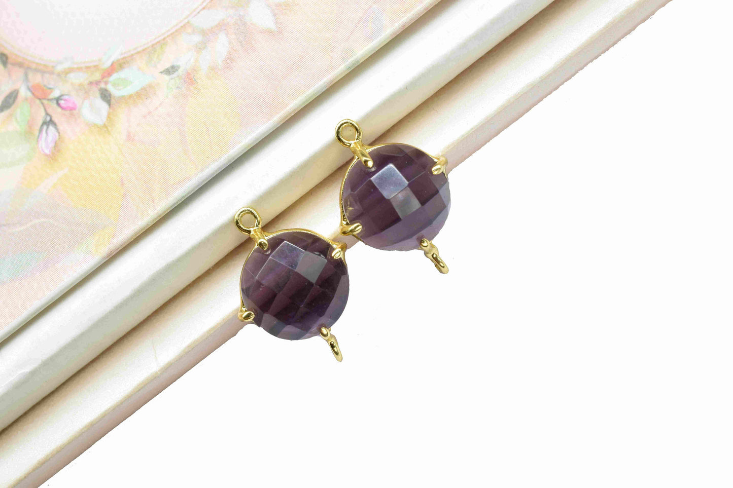 Amethyst Gemstone 12mm Round Shape Connector,Amethyst Gold Plating Component Jewelry,Amethyst Double Loop Gemstone Connector Jewelry Making