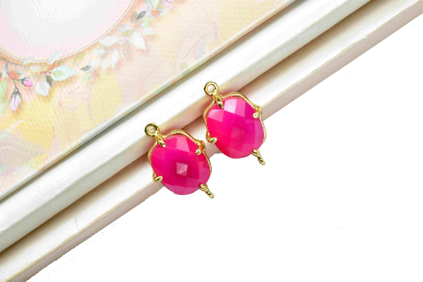Pink chalcedony Prong Connector,double bail connector,Hot jewelry,Handmade Gemstone Bezel,Fuchsia Pink Cushion Bezel Connector Jewelry