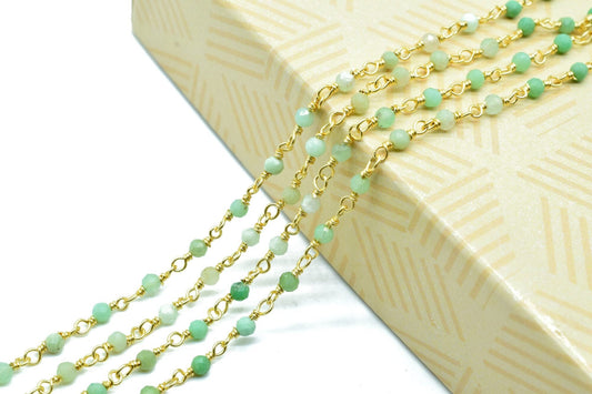 Chrysoprase 3mm Beaded Chain,Chrysoprase Rosary Chain,Wire Wrapped Gold Chain,Chrysoprase Gold Wire Wrapped Rosary Chain,Rosary Beaded Chain