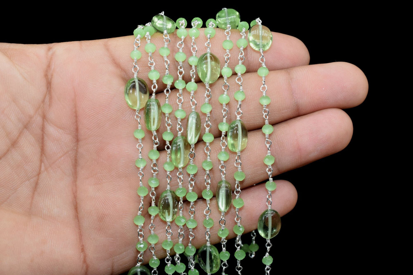 Natural Prehinte Smooth Oval Rosary Style Beaded Chain,Gold Plated Wire Wrapped Chain,Gemstone Linked Handmade Chain,Jewelry Making,Per Foot