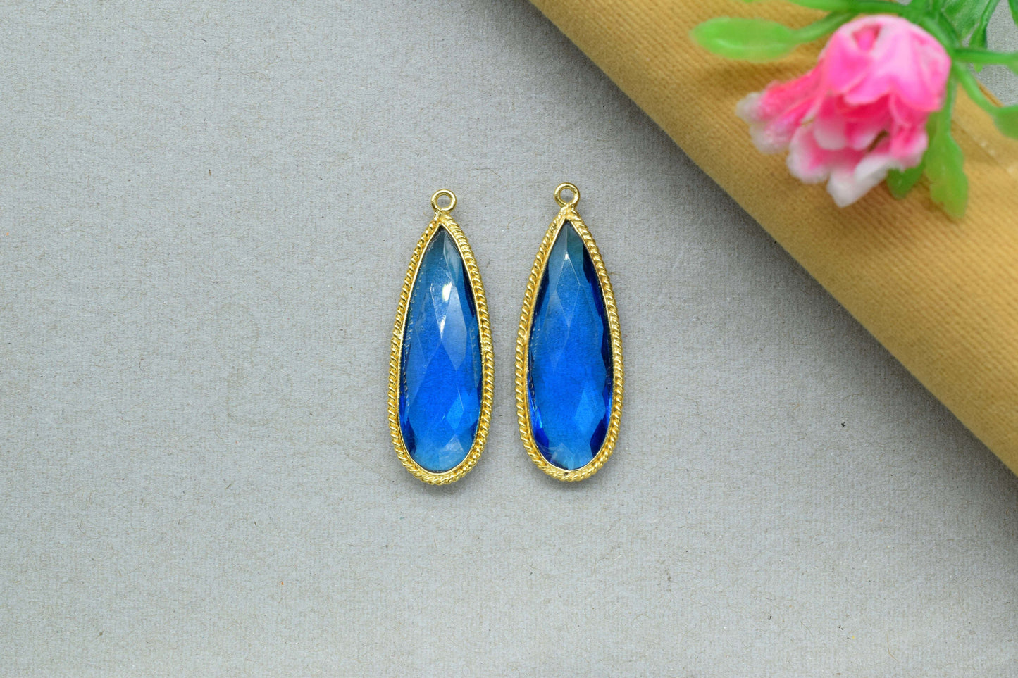 Blue Topaz Gemstone 10x30mm Teardrop Charm,blue Topaz Teardrop Shape Pendant Jewelry Making,Topaz Quartz Gold Plated Single Bail Connector