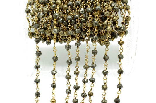 Natural Pyrite 3mm Beaded Chain,Pyrite Wire Wrapped Chain,Pyrite Brass chain,Pyrite Jewelry Making Chain,Pyrite Beads rosary chain, Pyrite