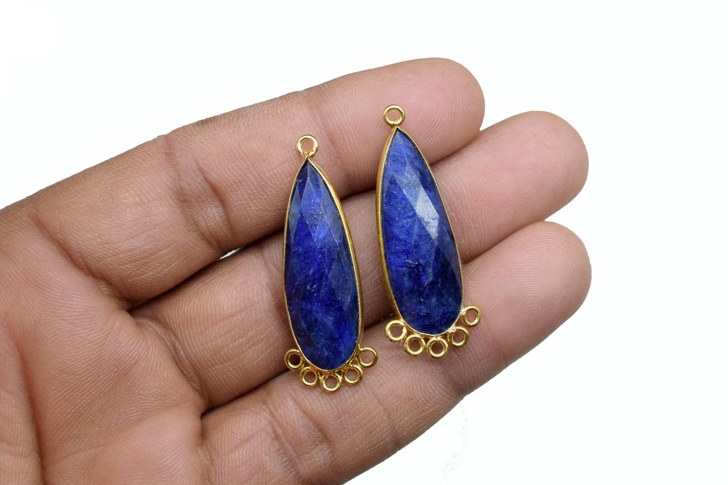 Blue Sapphire 10x30mm Teardrop Bezel Charm/Charms Connector/Handmade Jewellery Connectors/Gemstone Brass Component/Women Jewelry/Gift