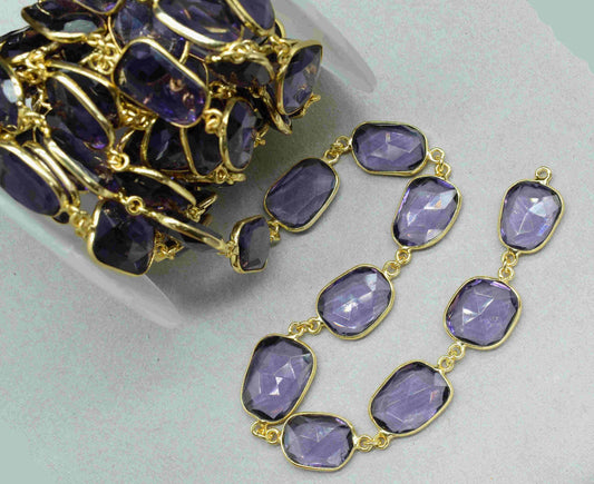 Amethyst Rectangle Shape Bezel Link Chain,Amethyst jewelry,Amethyst Cut Stone Bezel Chain,Handmade Bezel Link Connector,Jewelry Making Chain