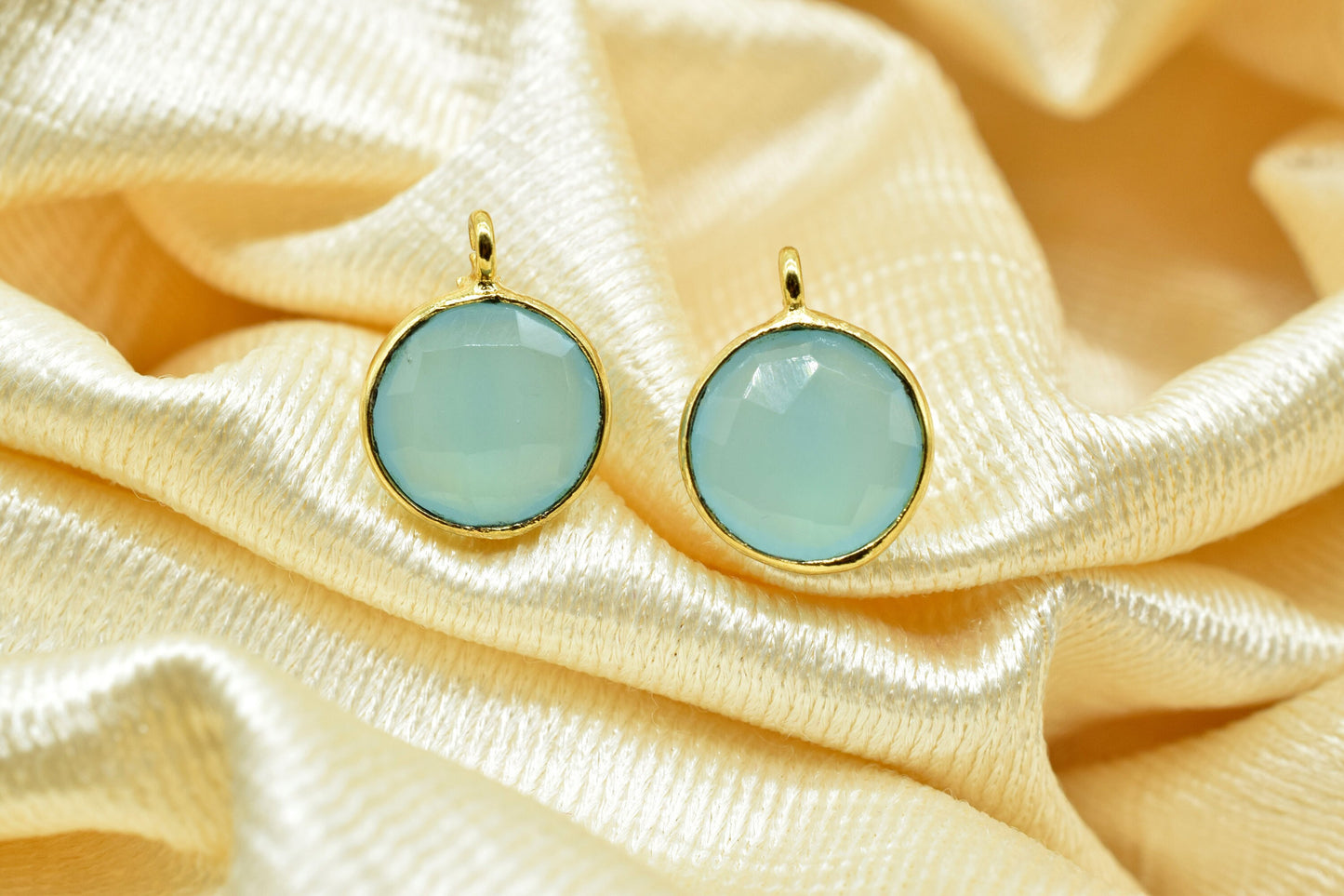 Aqua Chalcedony 10mm Earring connector Stud post setting with loop hoop open bail,Hot Aqua Chalcedony Round Gold Plated Earring With Loops