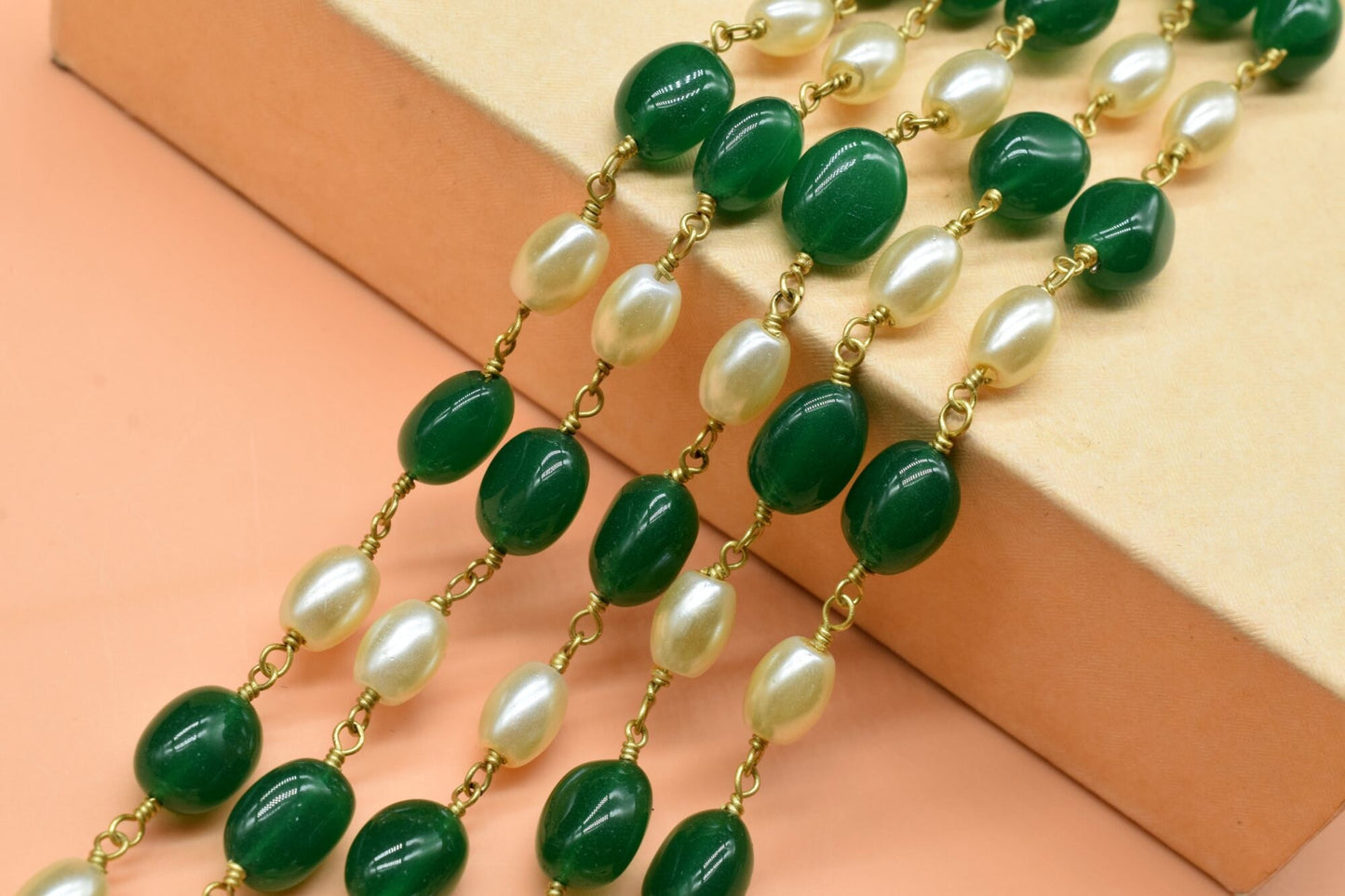 Bulk Chain, Pearl, Green Onyx Hydro Beads Rosary Chain, Gold Plating Wrapped Rosary Chain, Oval Gemstone rosary Chain, Pearl Beads Chain,