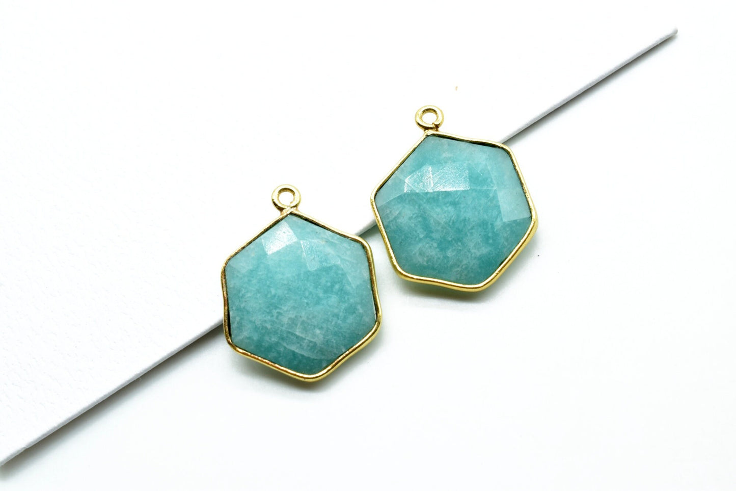 Amazonite 16mm Hexagon Shape Pendant,Gold Plated Single Bail Gemstone Connector,Faceted Hexagon Shape Gemstone Bezel,Hexagon Charm Pendants