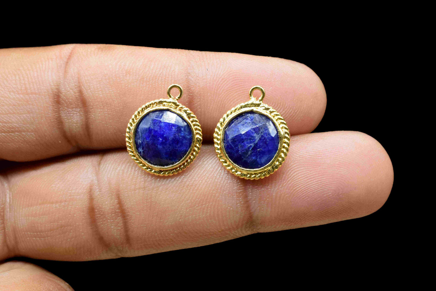 Blue Sapphire 10mm Round Shape Connector,Blue Sapphire Single Bail,Gold Plated Earring Connector,Pendant Findings,Blue Sapphire Stud Jewelry