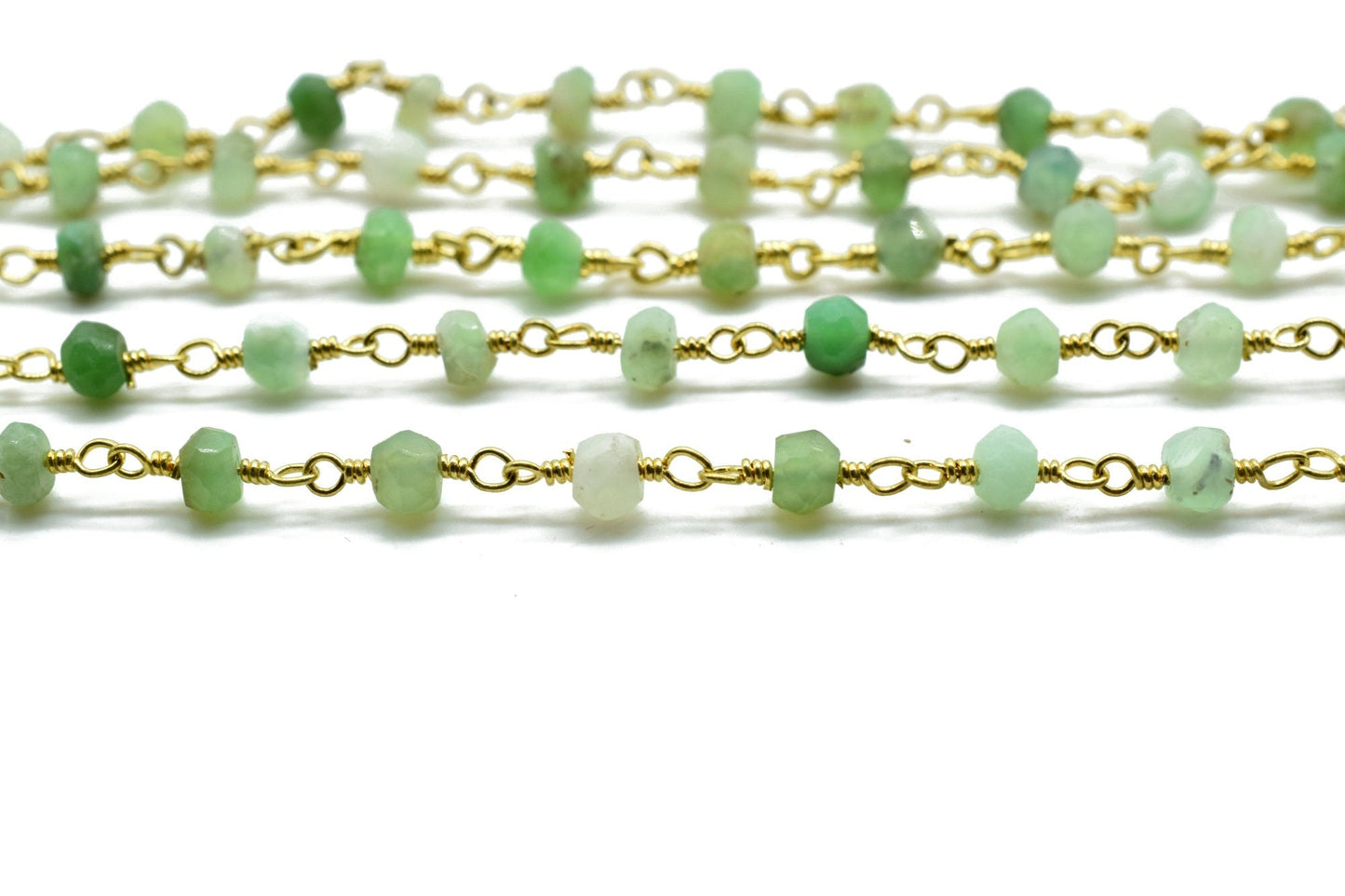 Chrysoprase 3mm Beaded Chain,Gemstone Gold Plated Wire Wrapped Rosary Chain In Brass, beaded Rosary Chains, Handmade Jewelry Making Chains