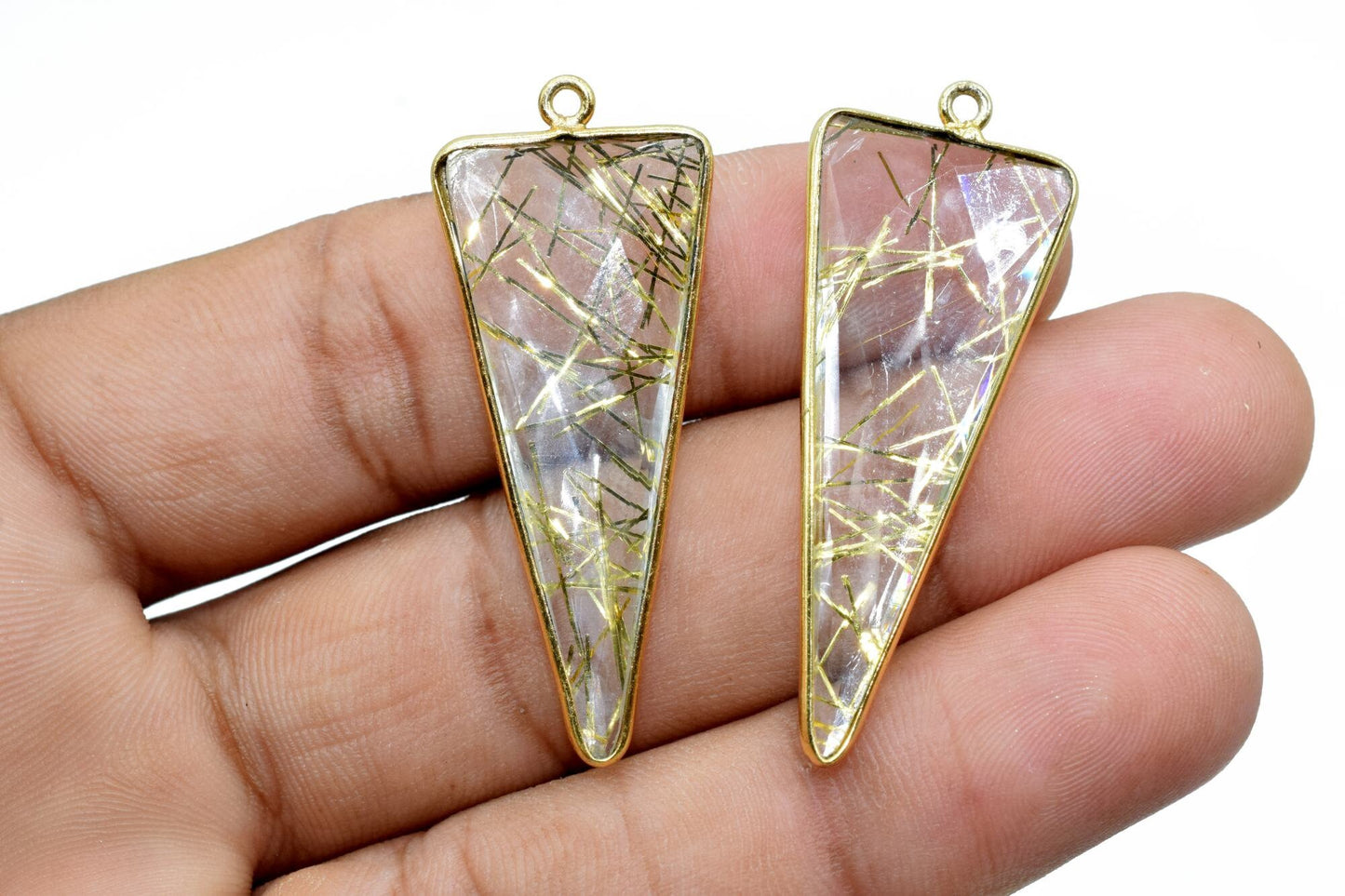 Gold Rutile 16x38mm Trillion Shape bezel,Gold Plated bezel,Gold Rutile Bezel Charm,Gold Rutile brass gold plated connector,Gold Rutile charm