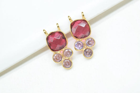 Pink Tourmaline 8mm Cushion shape Bezel charms,Tourmaline Pendant,Pink Gemstone connector,Tourmaline Jewelry,Cubic zirconia Bezel charm,p001
