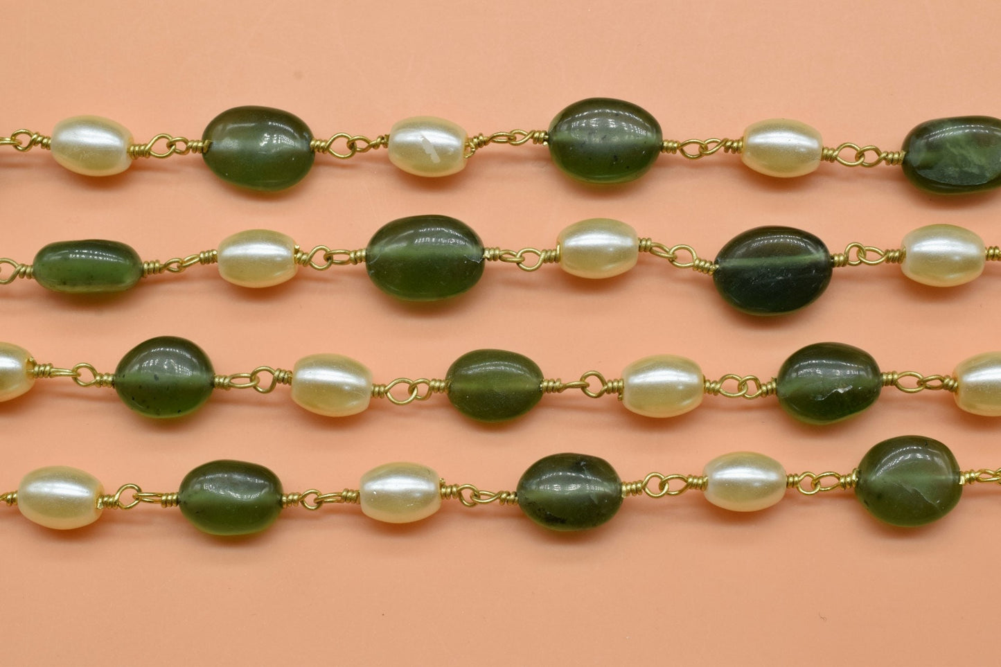 Green Strawberry and Pearl Rosary Chain,Beads Necklace Wire Wrap Rosary,Jewelry Making Beaded Chain By Foot,18K Gold Plated Oval Shape Beads