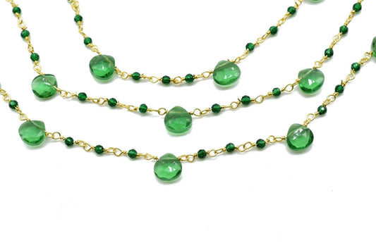 Emerald 2mm Beaded & Heart shape Chain,Wrapped Rosary Chain,Sapphire Briolette rosary chain,Brass Gold Plated Sold Per Foot Wholesale price