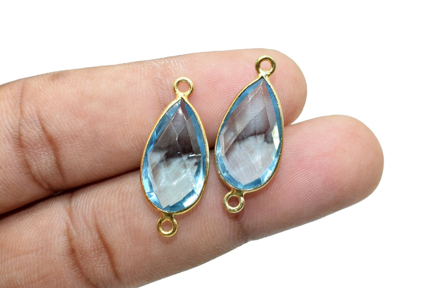 Sky Topaz 10x18mm Pear shape double bail connectors,Sky Topaz Pear pendant,Sky Topaz Gold Plated bezel,jewelry making charms craft,Sky Topaz