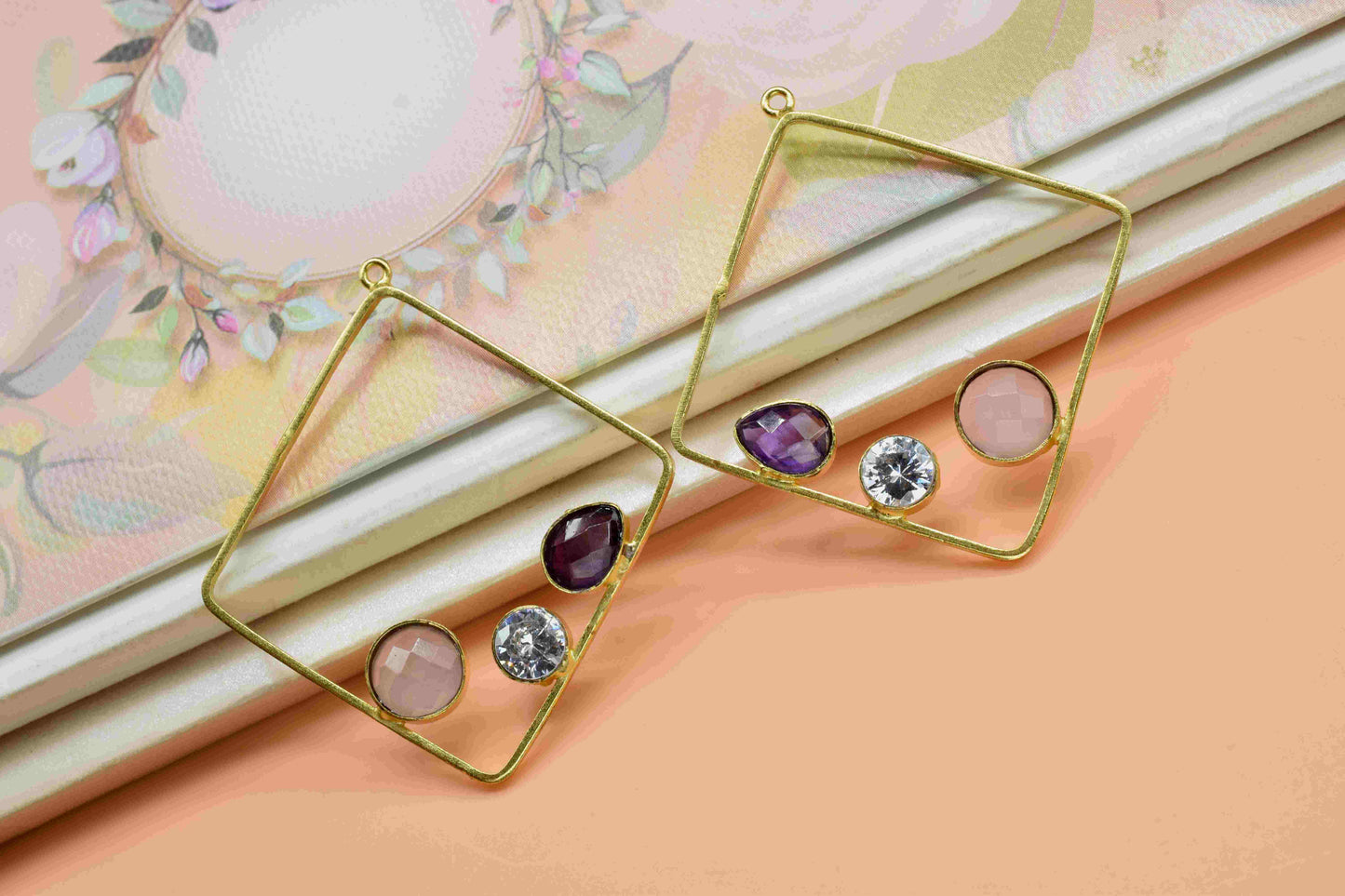 Rose Quartz Connector,Gemstone 32mm Square Shape Component,Amethyst Earring,Finding Necklace Component Jewelry,Multi Stone Earring Connector