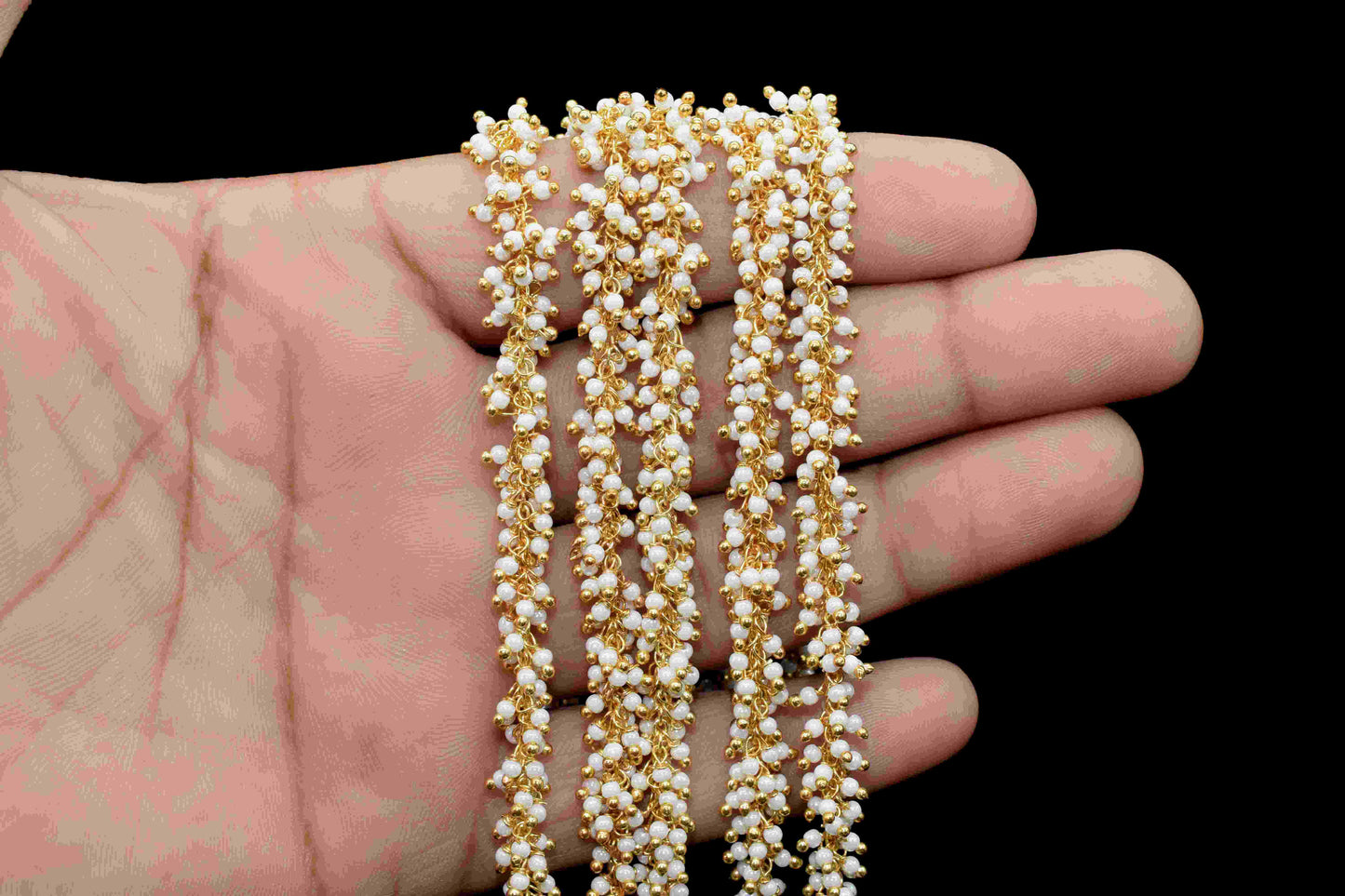 Pearl 2mm Cluster Rosary Chain,Gold Plated Chain,Wire Wrapped Chain,Jewelry Supply,Plain Pearl Beads Gold Plated dangling chain,grape chain