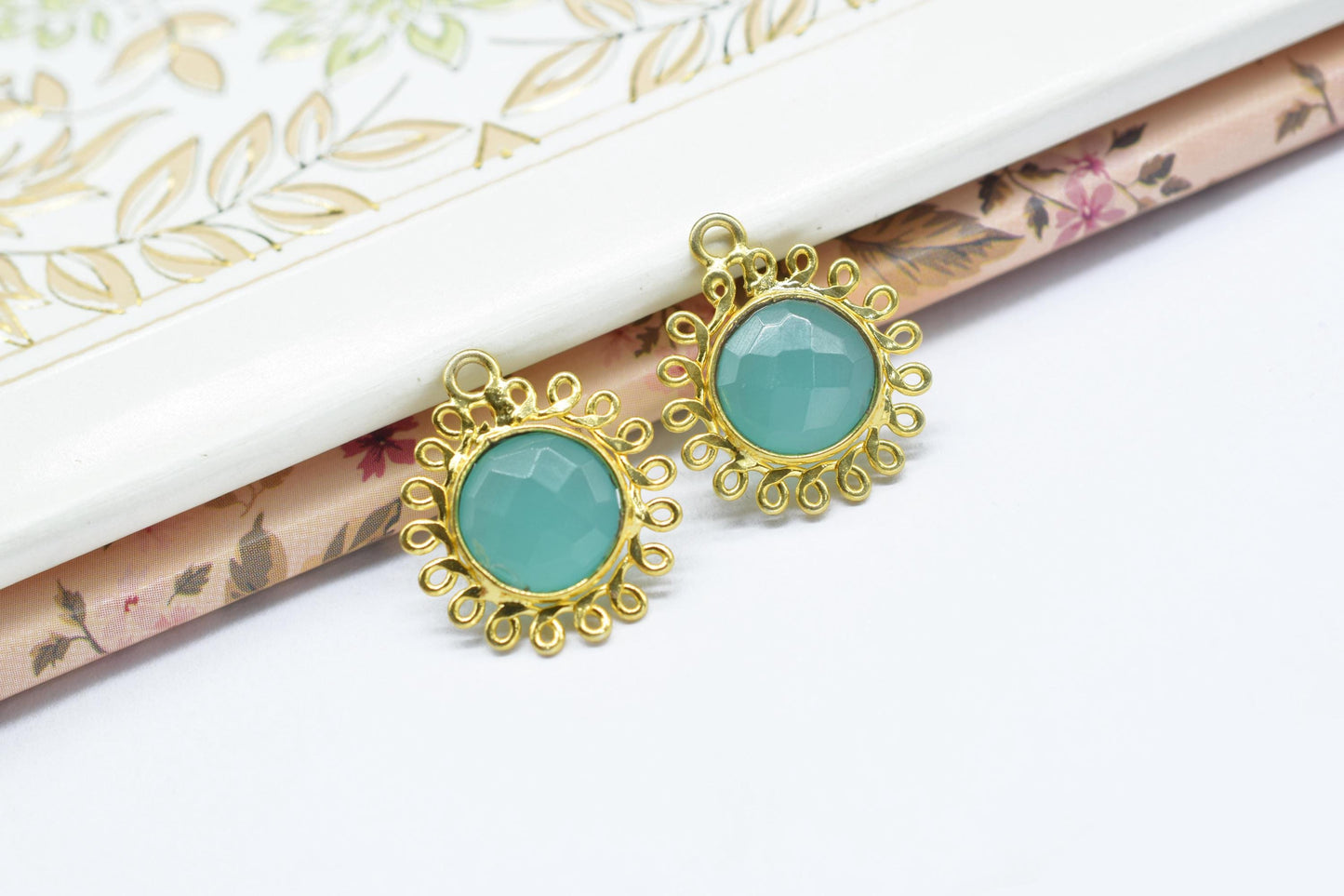 Aqua Chalcedony 10mm Round Bezel Charm,Gemstone Brass Component,Single Bail Pendant,Round Faceted charms,Handmade Jewellery Connector,Gift