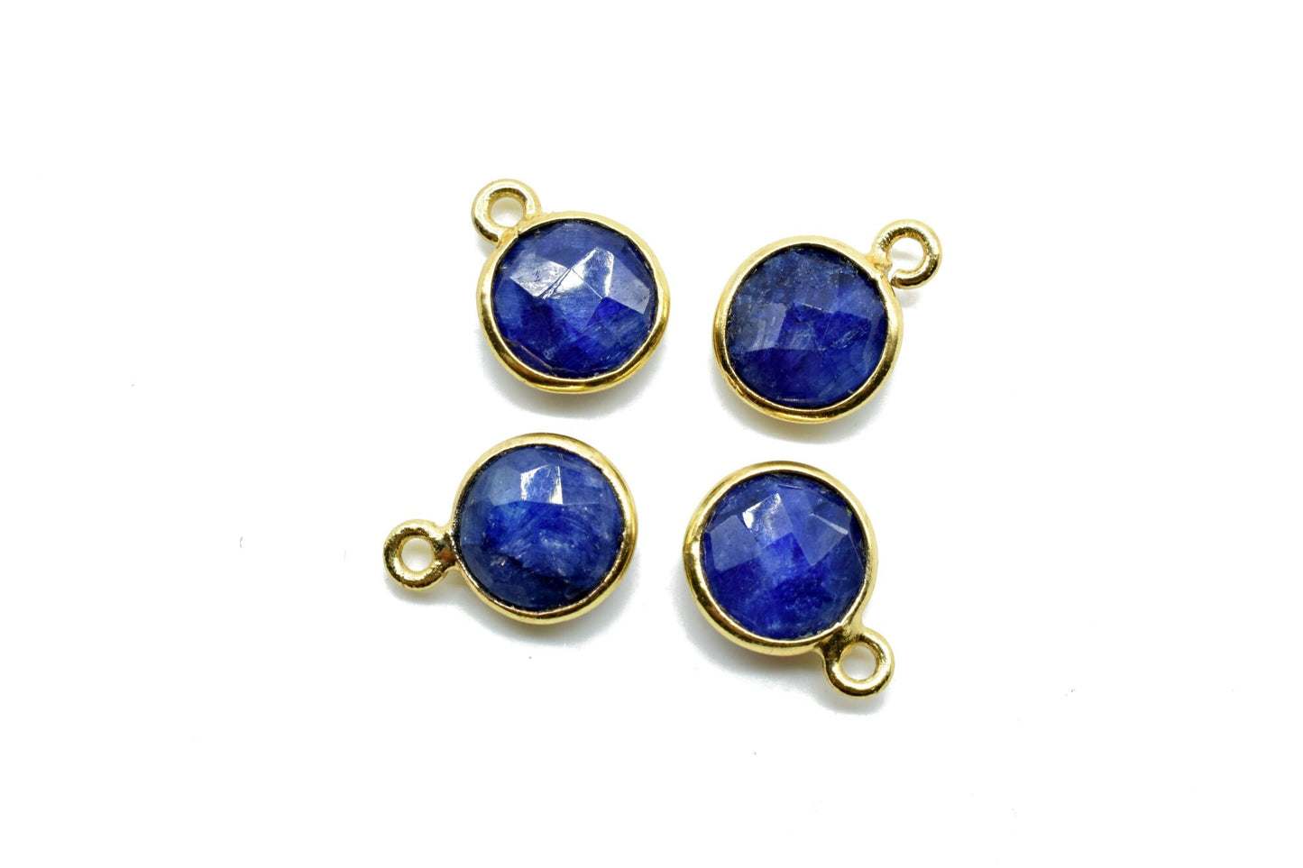 Genuine Blue Sapphire 8mm charm,Sapphire Pendant,Sapphire Round Gold Plated bezel,Vermeil Bezel,jewelry making charm,Emerald Brass connector
