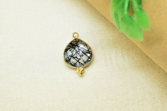 Rutile Charms jewels,Rutile Single Bail pendant,Black Rutile Gemstone 14mm Heat shape charm,Rutile Gold Plated bezel jewelry making charms