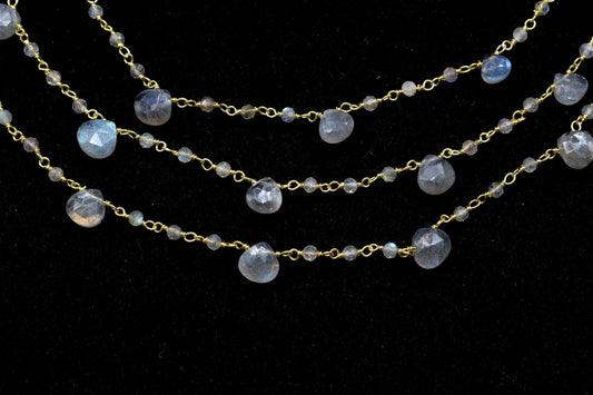 labradorite 2mm Rosary Beaded Chain,Labradorite Heart Shape Rosary Chain,Sold By Foot,labradorite briolette beaded chain,labradorite chain