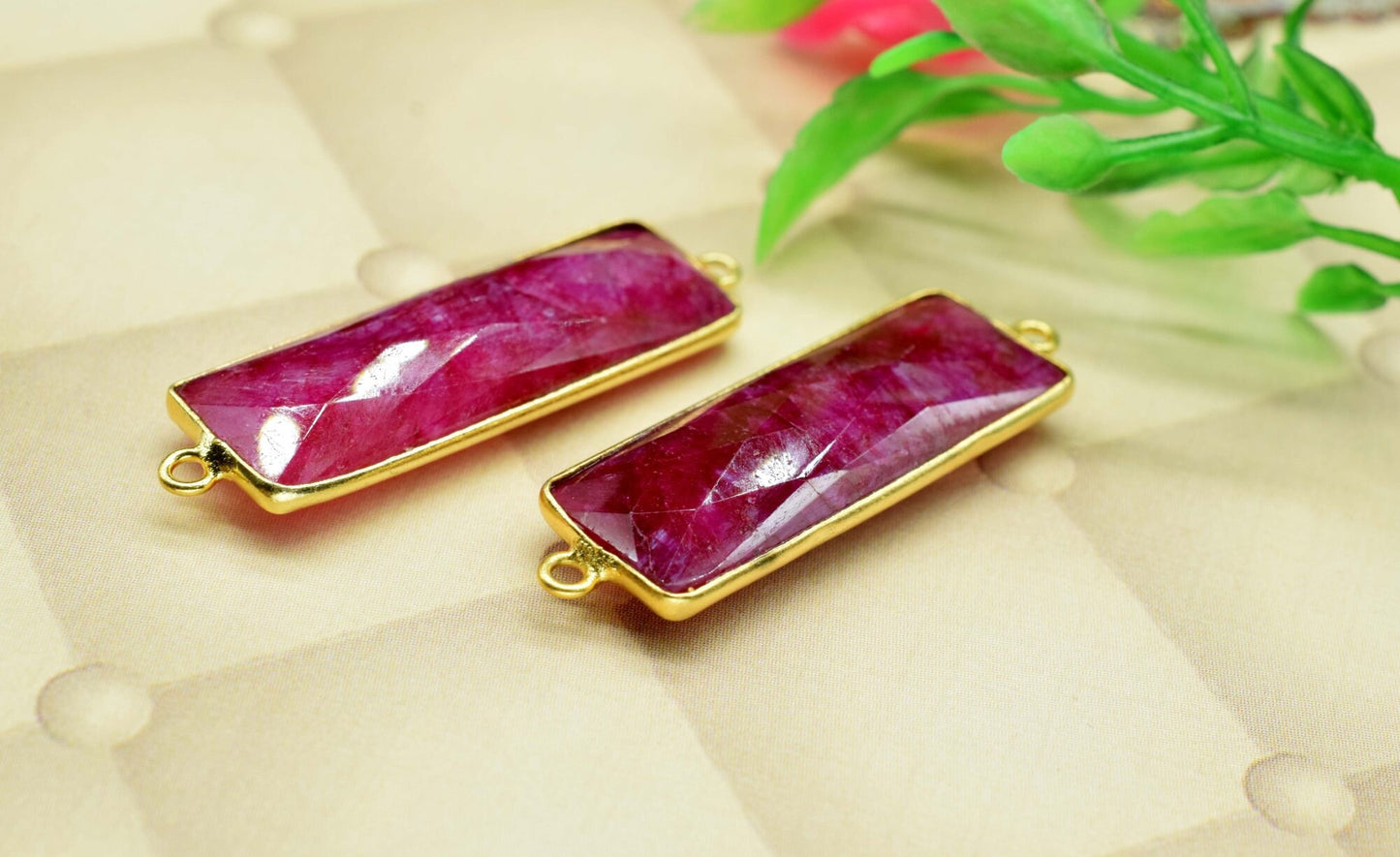 Genuine Ruby 10x30mm Bezel Charm Pendant,Rectangle Shape Gold Plated bezel,Gold Vermeil Bezel, jewelry making charm,Gold-Filled bezel charm