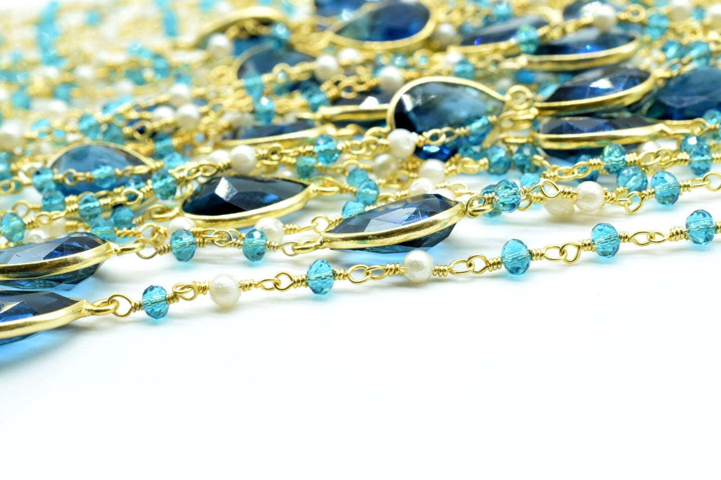 3mm Apatite Rosary,London Blue Topaz Bezel Link Chain,Pearl Beaded Rosary,Dual Gemstone Rosary Chain,Gold Plated Bezel Chain,Beaded Chain