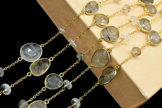 gold Rutile Faceted Bezel Link Chain, gold Rutile Free Bezel Chain, gold Rutile Gemstone Connector Chain, Free form Size Faceted Gemstone