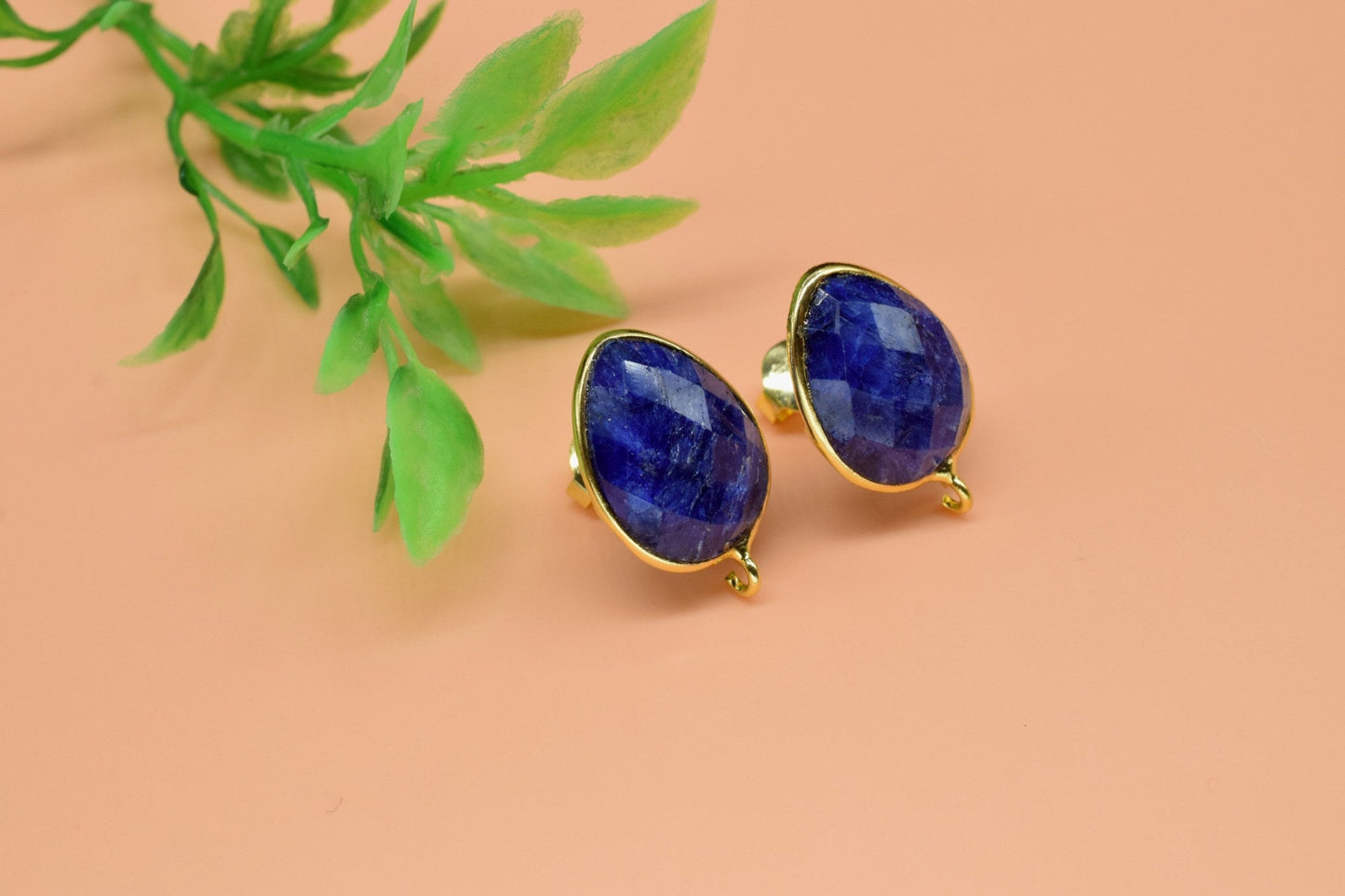Blue Sapphire 12x16mm Teardrop Earring Connector,Jewelry Making,Sapphire Connector post stud,Gold Plated Earring Connector,Teardrop Studs