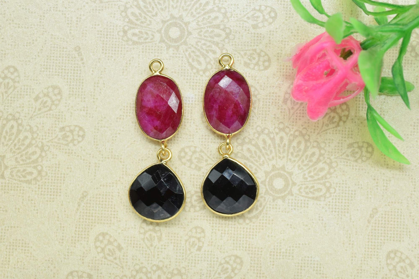 Natural Multi Stone Pendant Charm,Multi Shape Connector,Natural Ruby Jewelry,Station Bezel Link,Ruby Earring Connector,Handmade Pendant,Gift