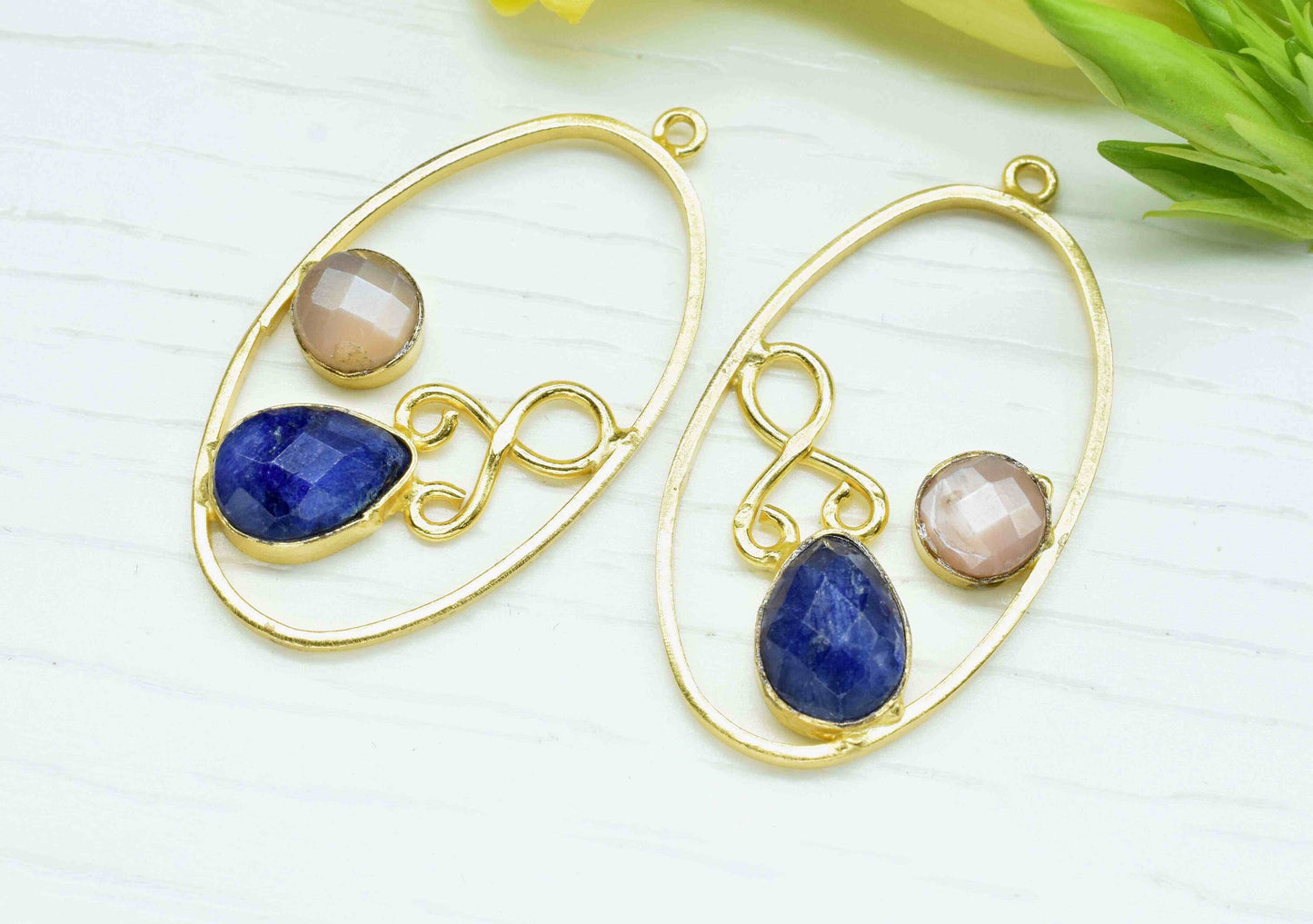 Multi Gemstone Finding Pendant, Peach Moonstone Round Connector, Sapphire 7x10mm Teardrop Shape Component,Finding Necklace Component Jewelry