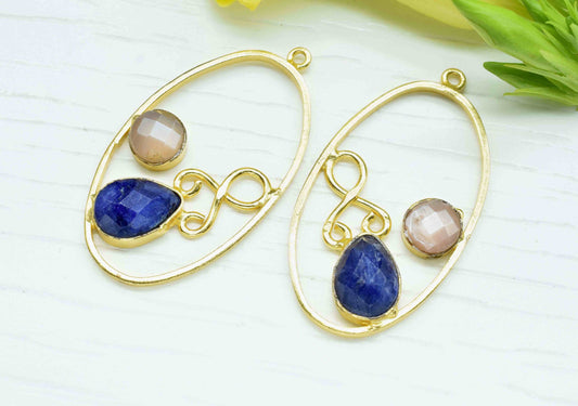 Multi Gemstone Finding Pendant, Peach Moonstone Round Connector, Sapphire 7x10mm Teardrop Shape Component,Finding Necklace Component Jewelry