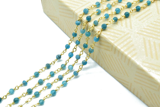 Apatite 3mm Beaded Chain,Apatite wire wrapped chain,Beaded chain,rosary chain,jewelry making supplies,Apatite Gold Plated Wire Wrapped Chain