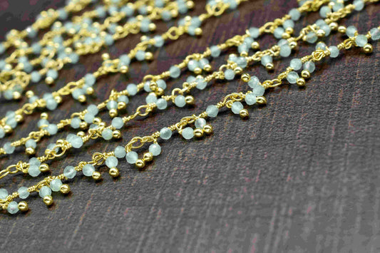 Aqua Chalcedony Cluster Rosary Chain, Aqua 2mm-2.5mm Rondelle Shape Beaded Chain, Cluster Rosary Chains, Dangling Flower Chain, Rosary Chain