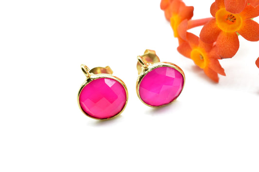 Pink Chalcedony 10mm Earring connector Stud post setting with loop hoop open bail,Hot Pink Chalcedony Round Gold Plated Earring With Loops