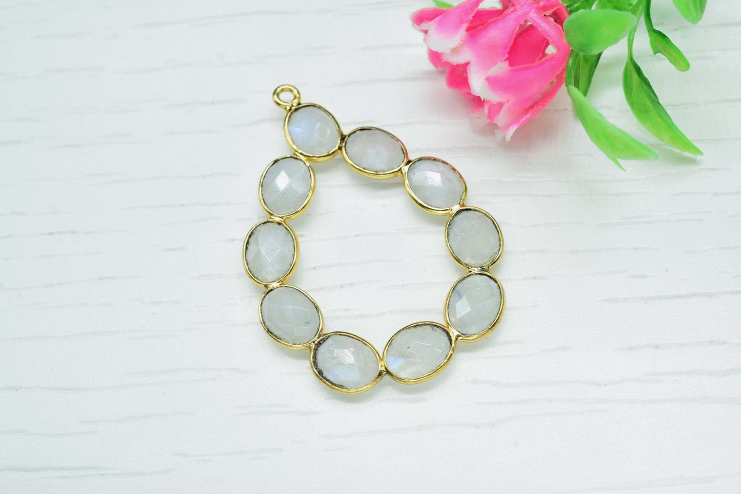 Moonstone loop connector,Natural Rainbow Moonstone,Bezel pendant ,floral gold Plated Single Point Bail,gemstone pendant,gold plated pendant,