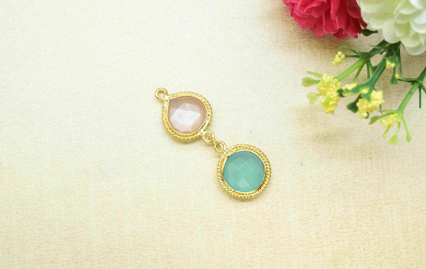 Peach Moonstone  Pendant Charms , Aqua Chalcedony  Dangle Earring Component , Multi Gemstone Dangle Earring , Component Jewelry , B'day Gift