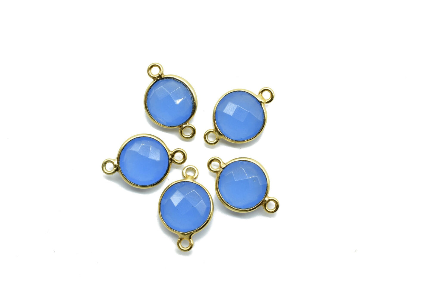 Blue Chalcedony 10mm Round double bail connectors,Blue Chalcedony Gold Plated Gemstone Bezel Connector,Blue chalcedony Double Loop connector